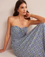 NWT Boden Twist Front Jersey Midi Dress Smocked Strapless Blue Heron ~ US 14 Reg