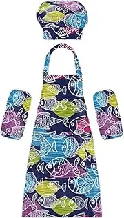 AIXIWAWA Kids Apron Chef Hat Set, Child Kitchen Bib Aprons Adjustable for Cooking Baking Painting (White Line Fish)