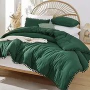 YIRDDEO Queen Comforter Set - Comforter Queen Size Sets with Ball Pom Fringe, Soft Bedding Set for All Seasons - 3 Pieces, 1 Comforter (90"x90") & 2 Pillow Shams (20"x26"), Emerald