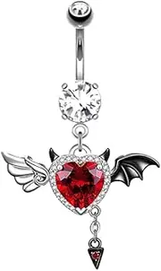 [Niaspi] 14G Devil Heart Dangle Belly Button Ring for Women Girls - Stainless Steel, Red Crystal Wings Love Heart Dangling Belly Navel Studs Curved Barbell Body Piercing Jewelry