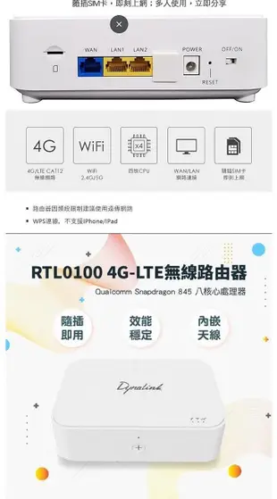 Dynalink RTL0100CT 100CT 無線路由器 4G LTE 3CA WIFI 網路分享器 可面交