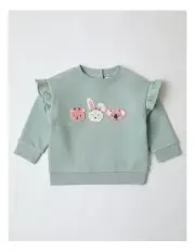 [Sprout] Flower Animal Applique Sweat Top in Sage