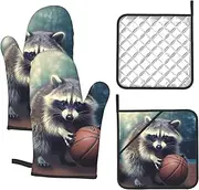 4 pcs Oven Mitts and Pot Holders Set 500°F Heat Resistant Oven Gloves and Hot Pads Kitchen Mittens Funny Raccoon Basketball Cooking Gloves Potholders for Baking Grilling
