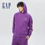 GAP 男裝 LOGO寬鬆刷毛長袖帽T 碳素軟磨系列-紫色(505382)