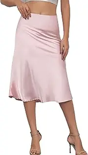 [Alcea Rosea] Women Satin Side Split Skirt High Waist Elastic Elegant A Line Midi Skirts for Women