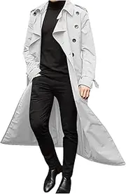 [JEShifangjiusu] Classic Double Breasted Jacket for Men Long Lapel Overcoat Casual Windbreaker Jacket, White, S
