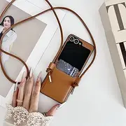Card Bag Leather Folding Phone Case for Samsung Galaxy Z Flip6 Zflip5 Flip 6 5 4 3 ZFlip4 Flip3 Crossbody Covere,Dark Brown,for Galaxy Z Flip6