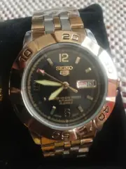 *Seiko 5 Sports Automatic *Two-Toned Bracelet Men's Watch *Black Dial*New