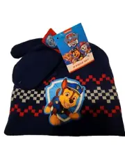 Paw Patrol Knit Hat Beanie & Mitten Set Kids Nickelodeon Chase Blue Red New