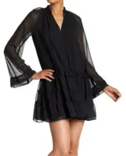 $198 NWT REBECCA MINKOFF SzS DYLAN V-NECK LONG SLEEVE RUFFLE HEM DRESS BLACK