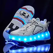 [TECDOTO] Roller Skates Shoes with 4 Wheels, USB Charging Luminous Skateboard Shoes Trainers Technical Retractable Wheels Skateboarding Shoes for Kids,White-1.5LittleKid