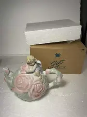 Avon Ceramic Teapot Angel Cherub Pink Roses Floral Pink White Green Tea Pot