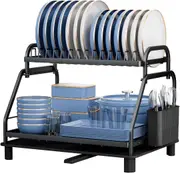 Double Layer Large-Capacity Dish Drying Rack for Kitchen Counter,Dish Rack with Drainer Board and Cutlery Holder