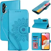 Cavor Wallet Case for Samsung Galaxy A14 5G 6.6'' PU Leather Case Magnetic 3D Embossed Flower Women Flip Kickstand with Card Holder Wristlet Hand Strap Protective Cover-Flower Sky Blue