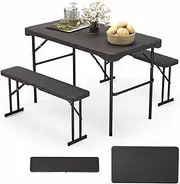 Costway Outdoor Table Bench Set, Folding Picnic Table Set w/ 2 Benches, All-Weather HDPE Tabletop, Sturdy Metal Frame, 4-Person Large Picnic Table for Patio Garden Deck Yard