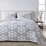 Matelassé Coverlet with Pillow Shams for Full/Queen Size Beds - Lightweight Bedspread, Winter-Themed Bedding Set - Snowflake Muslin (Full/Queen, Grey/White)