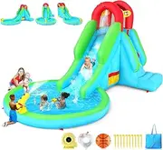 Inflatable Water Slide with Blower, 5-in-1 Blow Up Water Slide for Kids, 13x8.3x7.1 FT Compact WaterPark w/Long Slide, Water Cannon, Climbing Wall & Splash Pool for Backyard Outdoor Fun