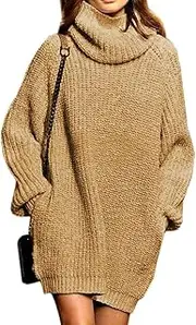 [SSeary] Women's Loose Oversize Turtleneck Thick Wool Long Pullover Sweater Dress, Khaki M