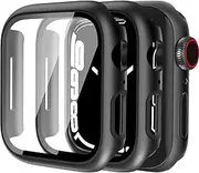 [QHOHQ] 2 Pack Hard PC Case Suitable for Apple Watch Series 8 45mm & Series 7 45mm with Tempered Glass Screen Protector, Full Coverage, Touch Sensitive, Ultra-Thin HD Bumper Protective Cover - Black