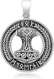 [SilverMania925] 925 Sterling Silver Thor Hammer Mjolnir Old Norse Runes Script Pendant, Metal, granite