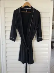 Y2K Bebe Black Bath Robe Sz L New Soft Rhinestone Pink Embroidery Mob Wife