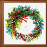 Blue Spruce Wreath Cross Stitch Kit - 11" x 11" - 14 ct. White AIDA - 29 Colors