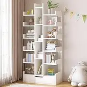 Uandhome 10-Tier Tree Bookshelf,15 Home Shelf Corner Wall Shelves Cabinet Bookcases Storage Rack,Modern Floor Standing Bookcase,Free Standing Tree Bookcase for Bedroom,Living Room,Office(15 Pcs White)