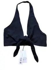 NWT Zara Linen Solid Black Tie Front Halter Cropped Top Minimalist Open Back XS