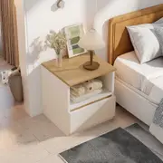 Bedside Table Bedroom Nordic Minimalist Warm White & Oak Wood Grain with Drawer