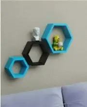 Wall Shelf Hexagon, Set Of 3 Hexagon Wall Shelving Blue & Black Home/Office Deco