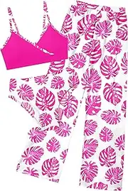 [Oranchids] Girls Swimsuit 3 Piece Tropical Print Bathing Suit V Neck Bikini Set with Quick Dry Cover Up Pants 9-16Y