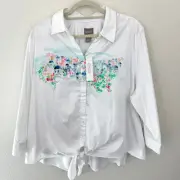 Chico's Womens Crescent City Button Tie Front Shirt Blouse Size XL Cotton Blend