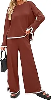 [ZESICA] Women's 2 Piece Outfits Set 2024 Casual Long Sleeve Knit Pullover Top and Wide Leg Pants Sweatsuit Lounge Sets