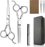 Home Hair Cutting Set - 7 PCS Professional Stainless Steel Shears Scissors Barbering Tools with Clips, Comb, Case for Men Women Kids