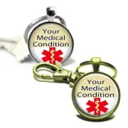 Personalized Medical Alert Glass Top Clip-on Key Chain Your Allergies Conditions