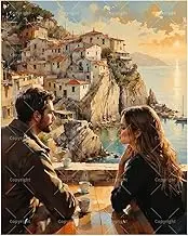 TAOPAOLAB Sunset Café Paint by Numbers Kit for Adults – DIY Couple Dining in Coastal Village Painting on Canvas 16x20In, Acrylic Paint Set, Suitable for Beginners, Art for Home Decoration or Gifts