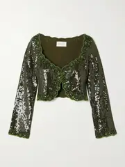 [Clio Peppiatt] Clio Peppiatt - Olivine Cropped Scalloped Embellished Crepe Top - Green - small small Green