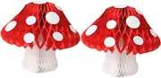 HOUDERCO 2 Pcs Red Mushroom Honeycomb Decorations Tissue Paper Ornaments for Kids Birthday Wedding Baby Shower Wonderland Garden 30cm
