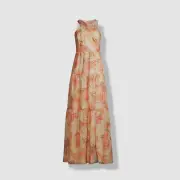 $330 Aidan Mattox Women Yellow Beige Metallic Halter Tiered Maxi Dress Size 4