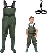 LANGXUN Hip Waders Kids, Lightweight Breathable PVC Fishing Waders Children, Waterproof Bootfoot Waders Boy Girl, Army Green Chest Waders Kids