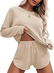 [Ekouaer] Womens Waffle Knit Pajama Sets Long Sleeve Matching Lounge Set Loungewear Top and Shorts Sweatsuit with Pockets