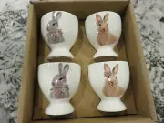 Set of 4 Bunny Boulevard Porcelain Egg Cups Easter Bunny Spring Flower Motif NIB