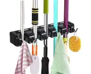 Stainless Steel Mop and Broom Clip, Storage Tool for Laundry, Kitchen, Office, Garden and Bathroom, Wall Mounted Mop Holder, 3 Clips and 4 Hooks