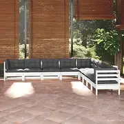 9 Piece White Solid Pinewood Garden Set - Outdoor Patio Furniture, Chairs for Porch, Balcony, Small Conversation Sets, Weather Resistant - Includes Cushions