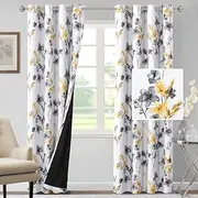 Smarcute 100% Blackout Curtains 213cm Drop 2 Panels Set Cattleya Floral Printed Blockout Light Leah Floral Thermal Curtains for Bedroom with Black Liner Sound Proof Curtains,Grey and Yellow