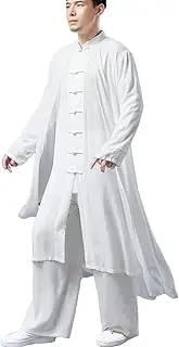 [She likes] Men's Trench Coat Long Tang Suit Kung Fu Cotton Linen Robe Chinese Style Fake Two Piece Jackets Solid Color