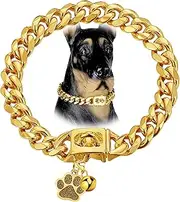LuxLife Dog Chain Collars Cuban Link Dog Collar 12mm with Secure Snap, Bell & Dog Tag Stainless Steel Metal 18K Gold Chain Dog Collar for Puppy Small Medium Large Dogs (26")