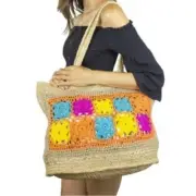 NEW Magid Large Beach Bag Tote Jute Shopper Colorful Crochet Squares Retro 70s