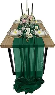 EH Linen 10ft Chiffon Table Runners 27x120 inches Romantic Sheer Wedding Table Runner Top Table Bridal Party Decoration (Emerald Green，10ft)