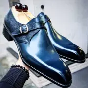 Handmade Classic Men Blue Leather Monk Strap Dress Shoes